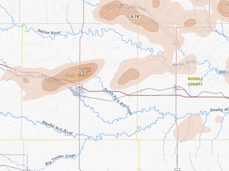 Radar-estimated hail-size map of the storm over Victoria, KS on Jun 8, 2026