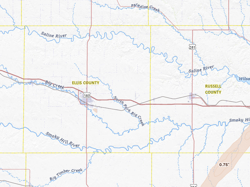Radar-estimated hail-size map of the storm over Victoria, KS on Jun 9, 2026