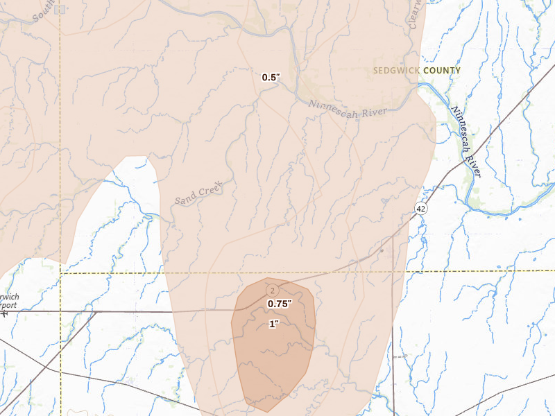 Radar-estimated hail-size map of the storm over Viola, KS on May 30, 2026