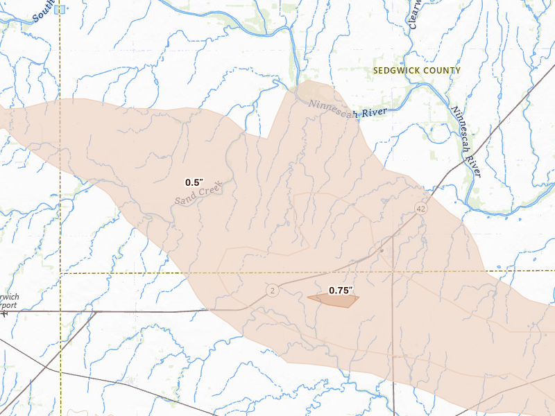 Radar-estimated hail-size map of the storm over Viola, KS on Jun 18, 2026
