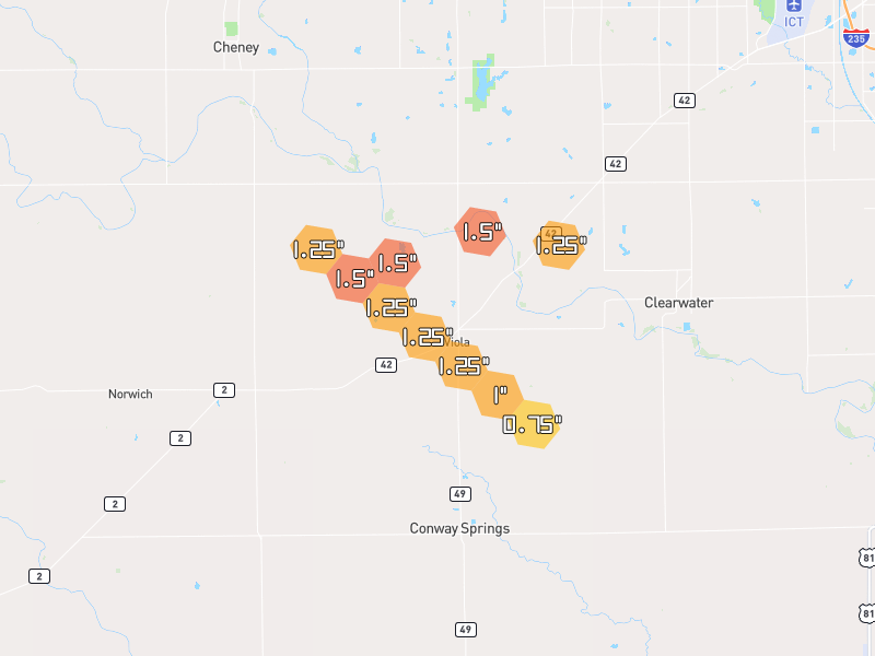 Hail map of Viola, KS on Jun 26, 2026, hail up to 1.5"