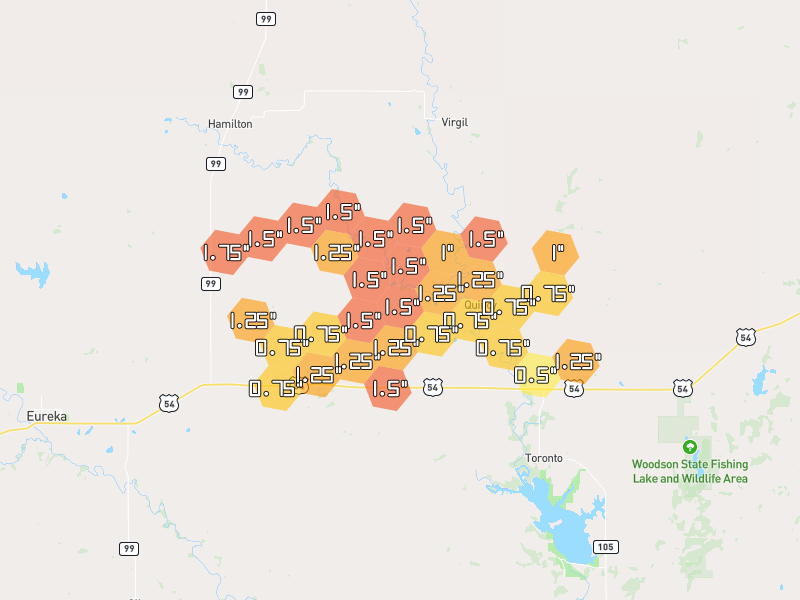 Hail map of Virgil, KS on Jun 1, 2026, hail up to 1.75"