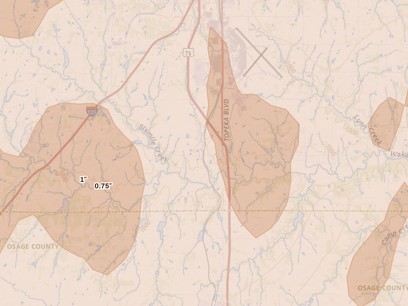 Radar-estimated hail-size map of the storm over Wakarusa, KS on Apr 26, 2026