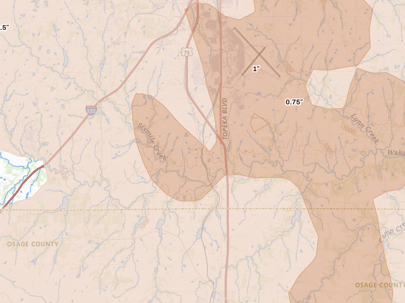 Radar-estimated hail-size map of the storm over Wakarusa, KS on Jun 8, 2026