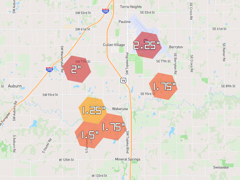 Hail map of Wakarusa, KS on Jun 9, 2026, hail up to 2.25"