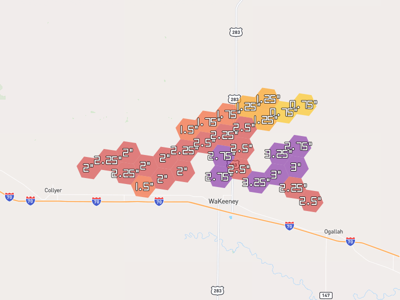 Hail map of Wakeeney, KS on Jul 4, 2026, hail up to 3.25"