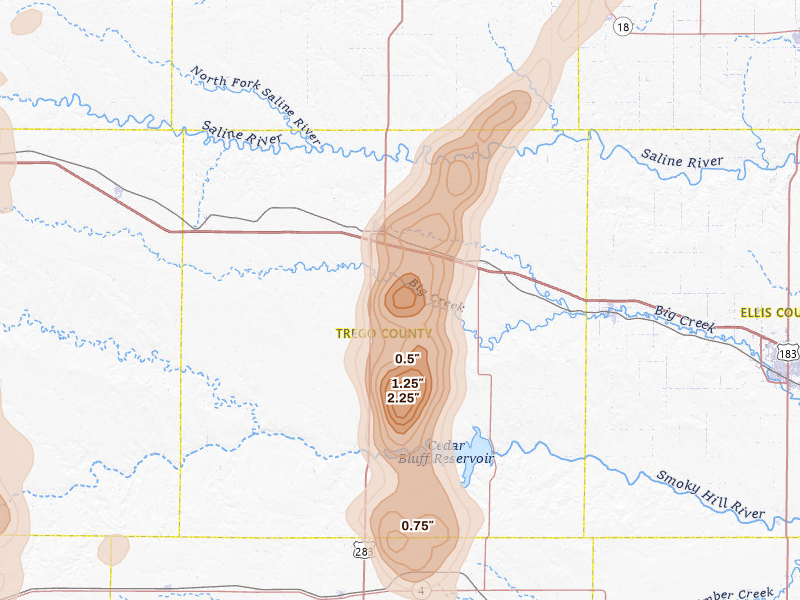 Radar-estimated hail-size map of the storm over Wakeeney, KS on Aug 13, 2026