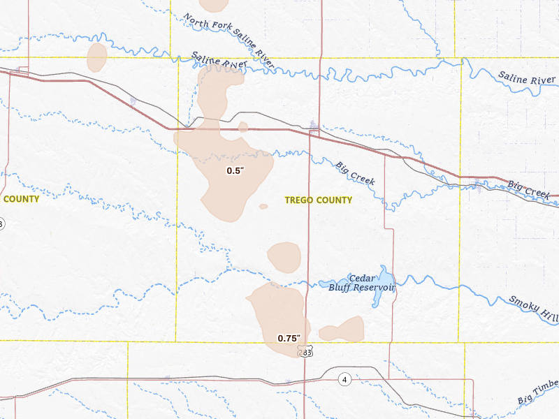 Radar-estimated hail-size map of the storm over Wakeeney, KS on Aug 27, 2026