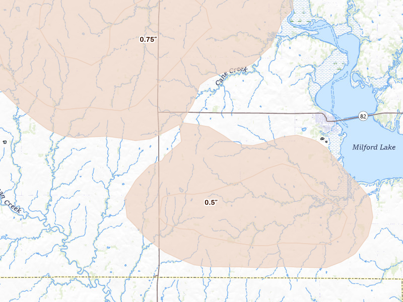 Radar-estimated hail-size map of the storm over Wakefield, KS on Apr 25, 2026