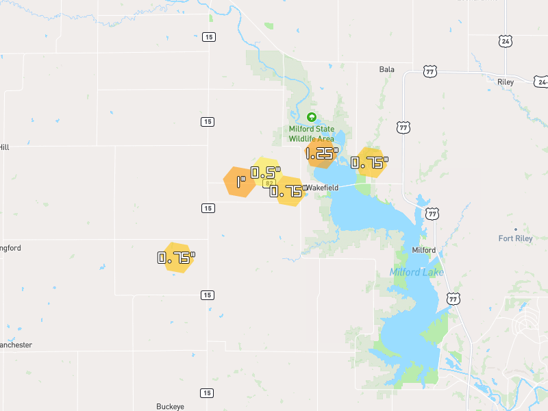 Hail map of Wakefield, KS on Jun 4, 2026, hail up to 1.25"