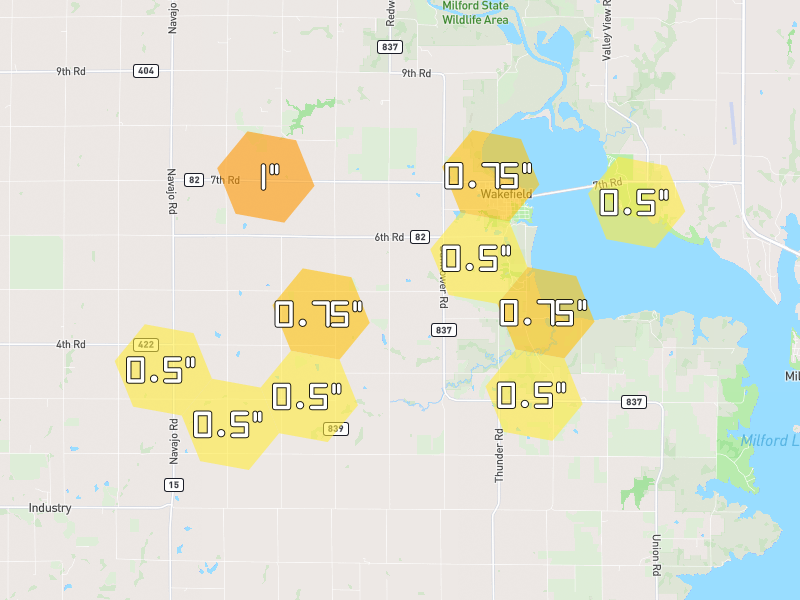 Hail map of Wakefield, KS on Jun 9, 2026, hail up to 1"
