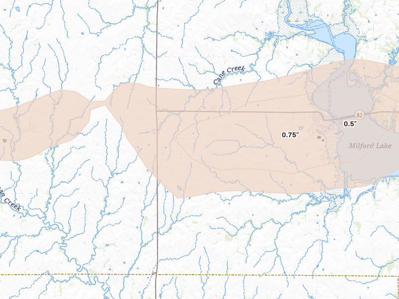 Radar-estimated hail-size map of the storm over Wakefield, KS on Jun 10, 2026