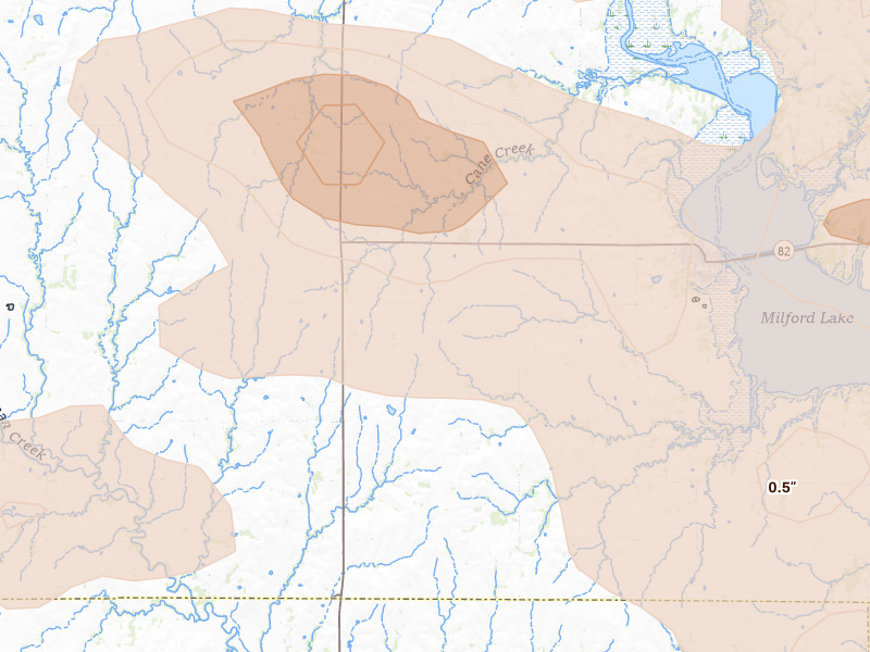 Radar-estimated hail-size map of the storm over Wakefield, KS on Aug 6, 2026
