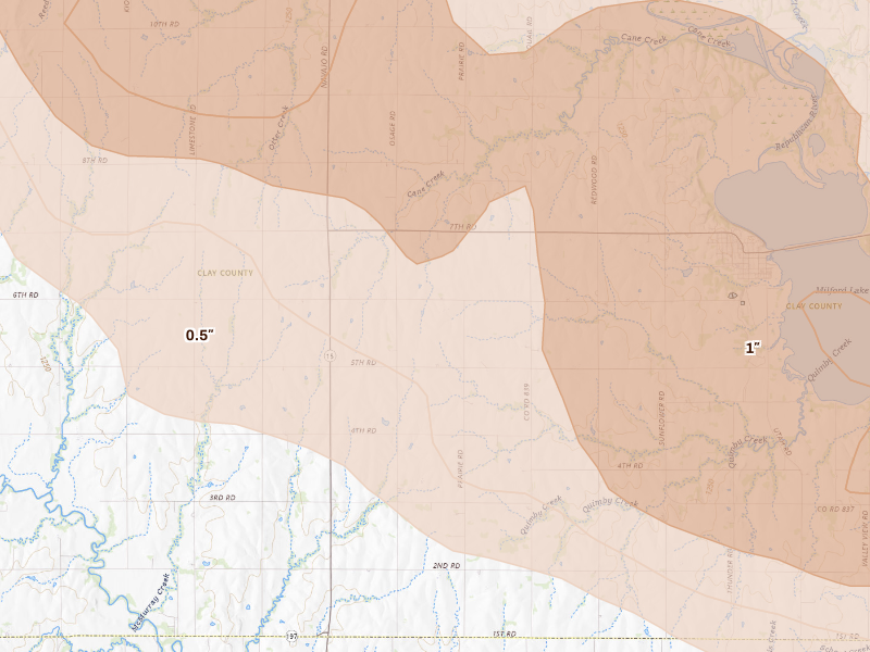 Radar-estimated hail-size map of the storm over Wakefield, KS