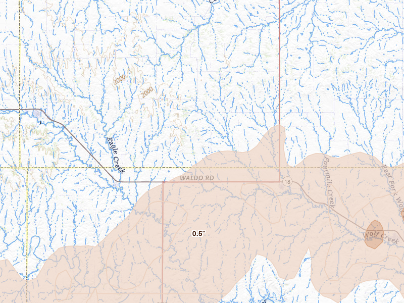 Radar-estimated hail-size map of the storm over Waldo, KS on Apr 26, 2026