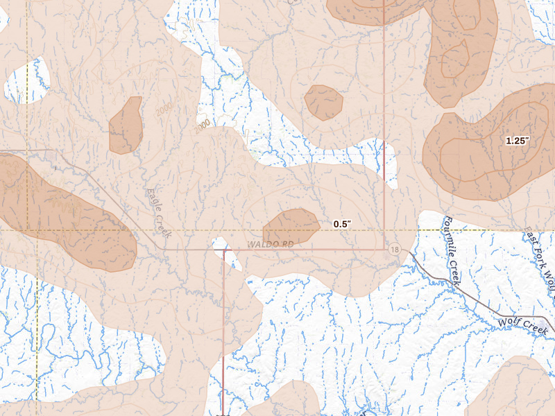 Radar-estimated hail-size map of the storm over Waldo, KS on Jun 8, 2026