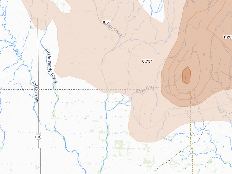 Radar-estimated hail-size map of the storm over Waldron, KS on Mar 10, 2026