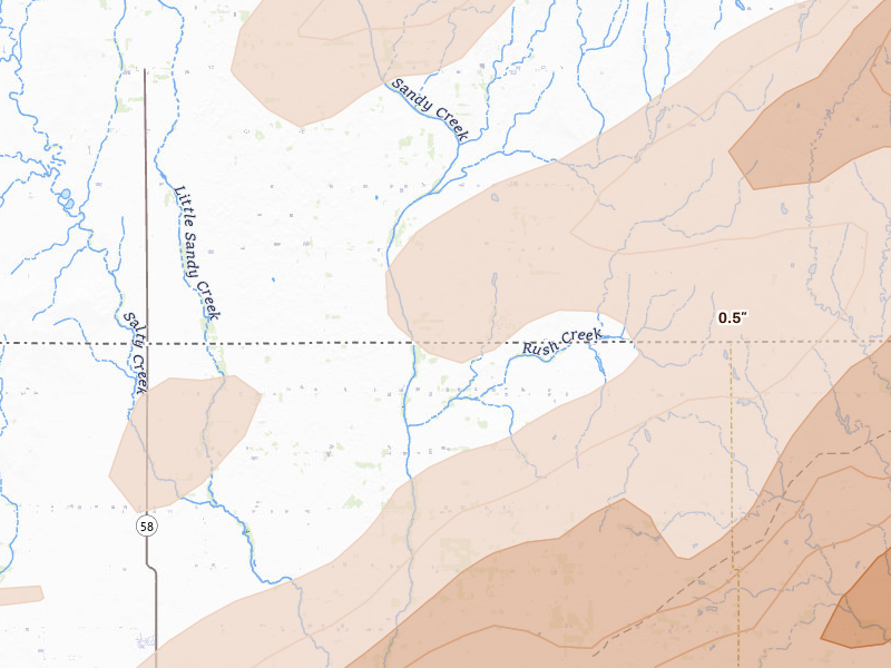 Radar-estimated hail-size map of the storm over Waldron, KS on Apr 17, 2026