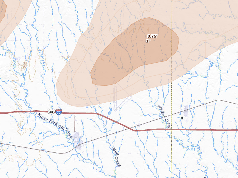 Radar-estimated hail-size map of the storm over Walker, KS on Jun 8, 2026