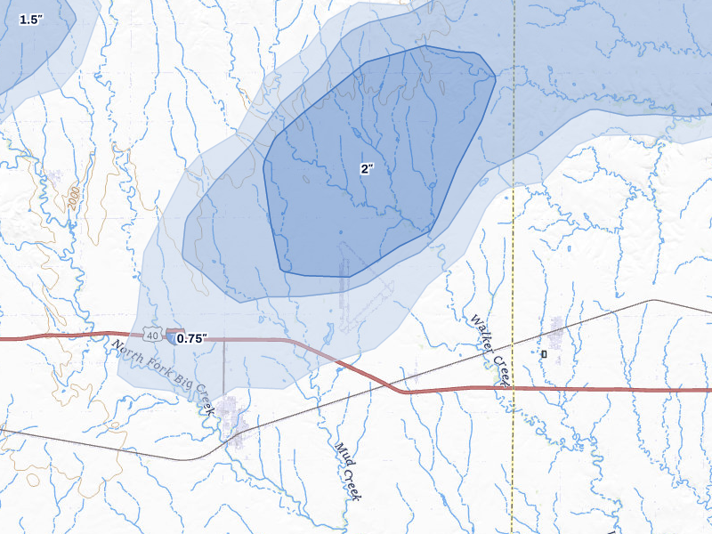 NEXRAD radar-signature map of the hail storm over Walker, KS on Jun 8, 2026
