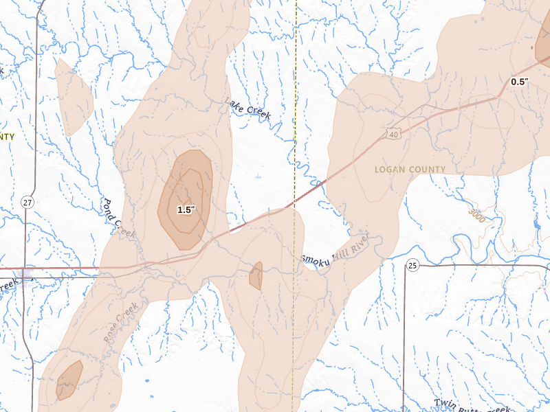 Radar-estimated hail-size map of the storm over Wallace, KS on Jun 30, 2026