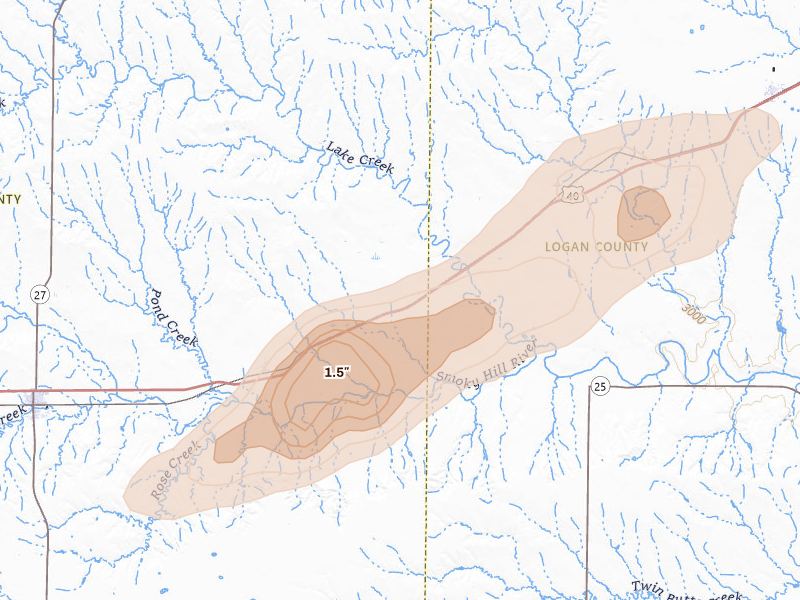 Radar-estimated hail-size map of the storm over Wallace, KS on Jul 23, 2026