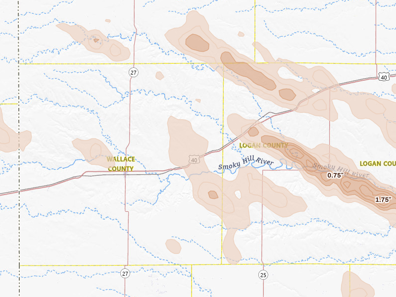 Radar-estimated hail-size map of the storm over Wallace, KS on Aug 19, 2026