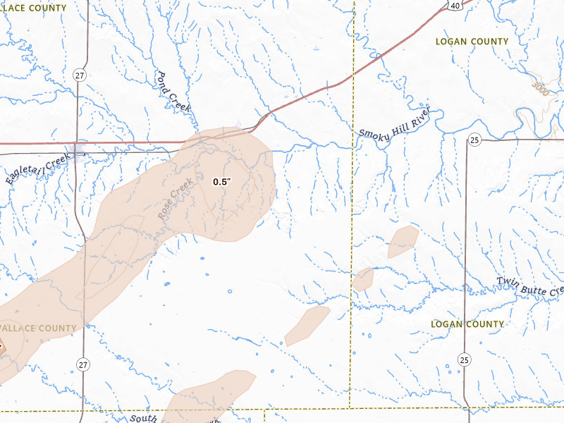 Radar-estimated hail-size map of the storm over Wallace, KS on Aug 30, 2026