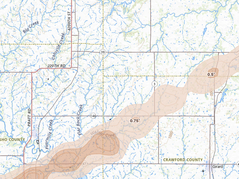 Radar-estimated hail-size map of the storm over Walnut, KS on Apr 17, 2026