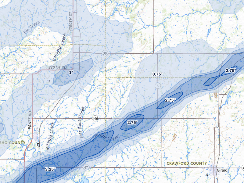NEXRAD radar-signature map of the hail over Walnut, KS