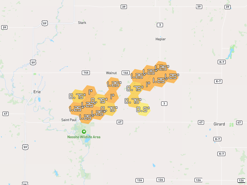 Hail map of Walnut, KS on Jul 11, 2026, hail up to 1.25"