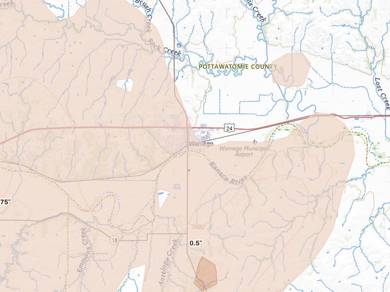 Radar-estimated hail-size map of the storm over Wamego, KS on May 18, 2026