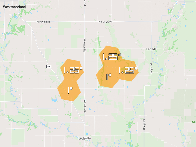 Hail map of Wamego, KS on Jun 5, 2026, hail up to 1.25"