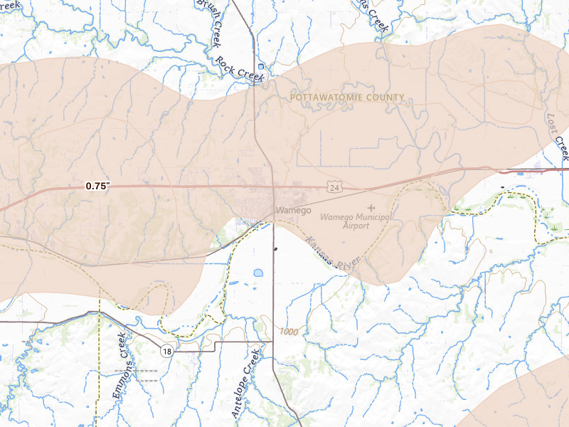 Radar-estimated hail-size map of the storm over Wamego, KS on Jun 8, 2026