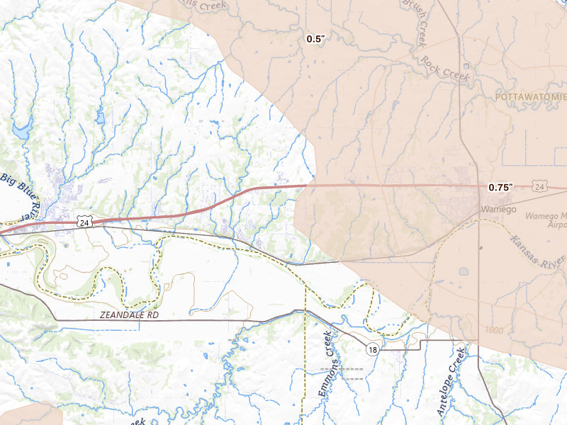 Radar-estimated hail-size map of the storm over Wamego, KS on Jun 10, 2026