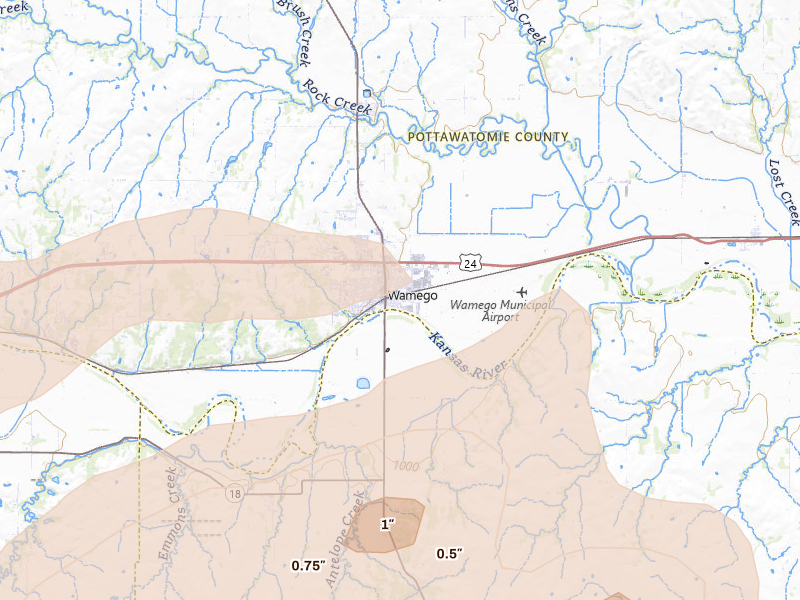 Radar-estimated hail-size map of the storm over Wamego, KS on Jul 3, 2026