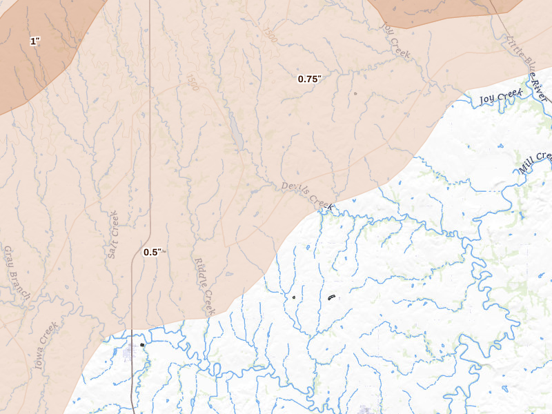 Radar-estimated hail-size map of the storm over Washington, KS on May 18, 2026