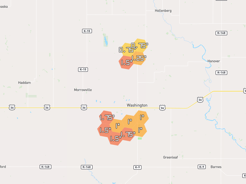 Hail map of Washington, KS on Jul 4, 2026, hail up to 1.75"