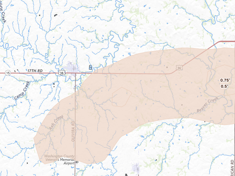 Radar-estimated hail-size map of the storm over Washington, KS on Aug 15, 2026