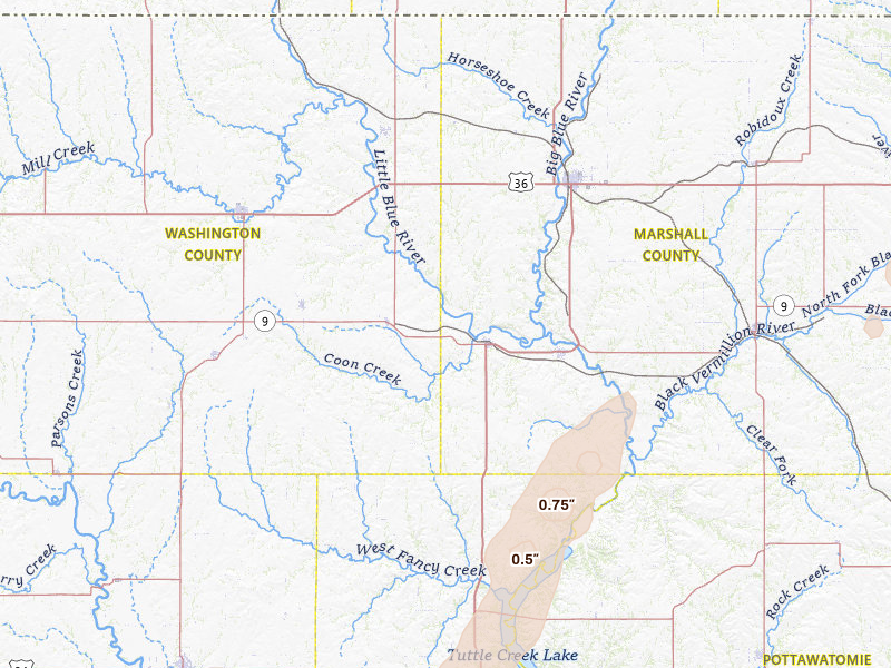 Radar-estimated hail-size map of the storm over Waterville, KS on Mar 5, 2026