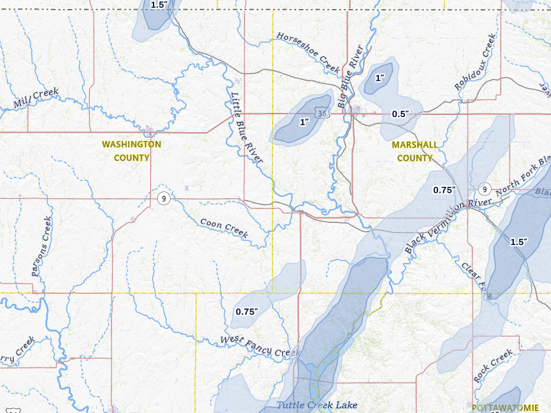 NEXRAD radar-signature map of the hail storm over Waterville, KS on Mar 5, 2026