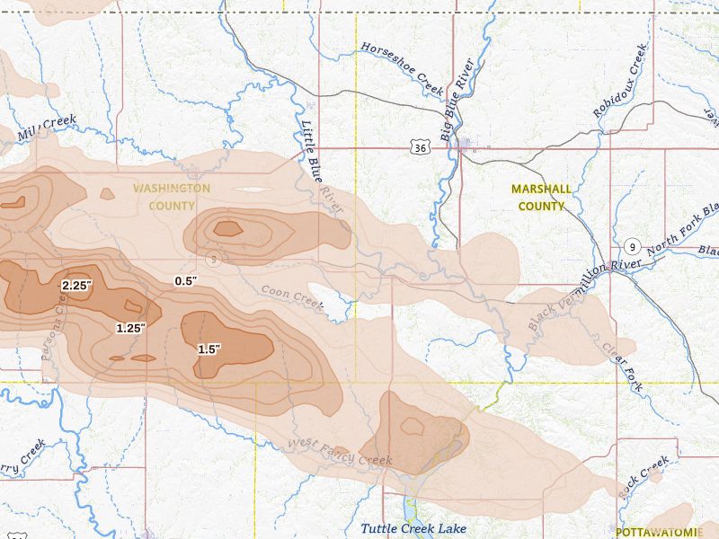 Radar-estimated hail-size map of the storm over Waterville, KS on Apr 9, 2026
