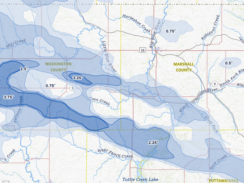 NEXRAD radar-signature map of the hail storm over Waterville, KS on Apr 9, 2026