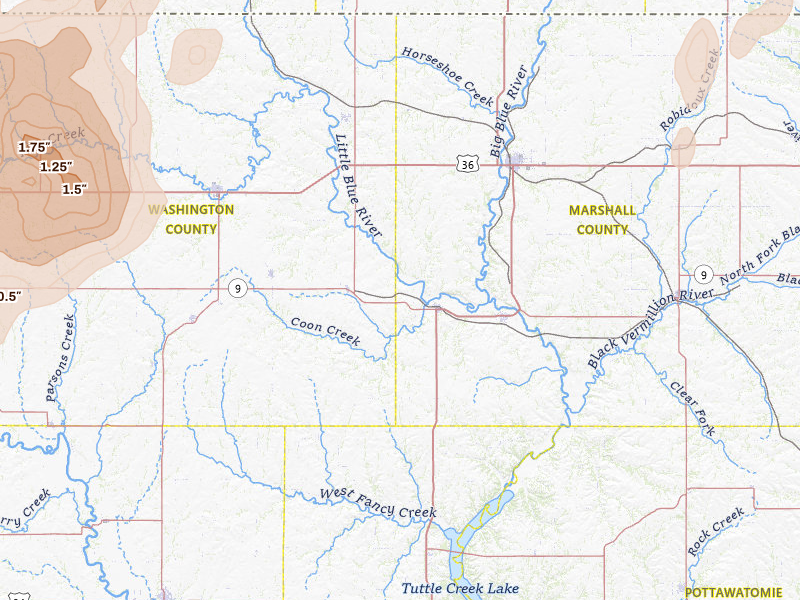 Radar-estimated hail-size map of the storm over Waterville, KS on May 16, 2026