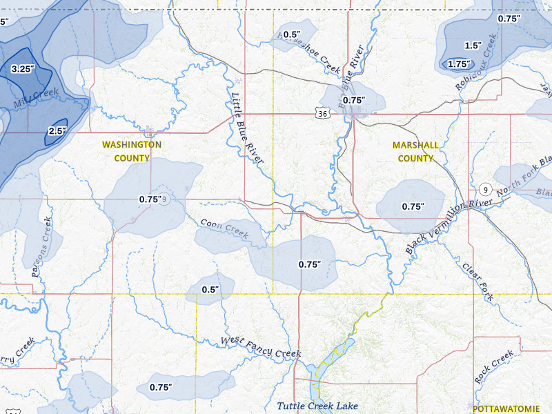 NEXRAD radar-signature map of the hail storm over Waterville, KS on May 16, 2026
