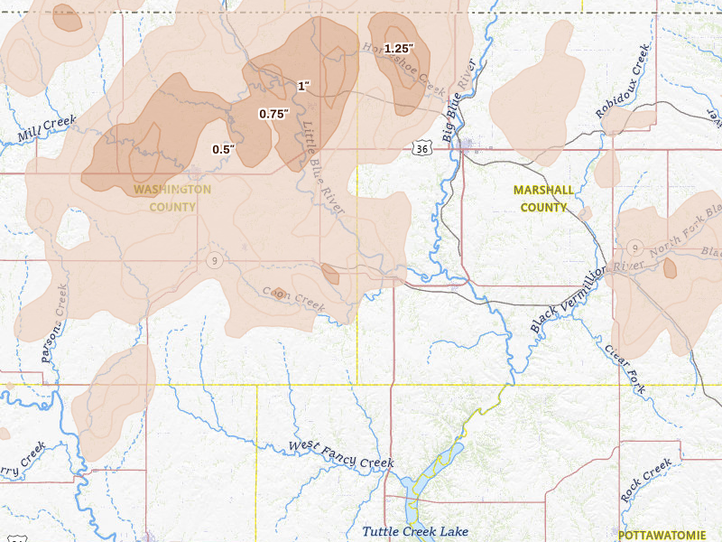 Radar-estimated hail-size map of the storm over Waterville, KS on May 17, 2026