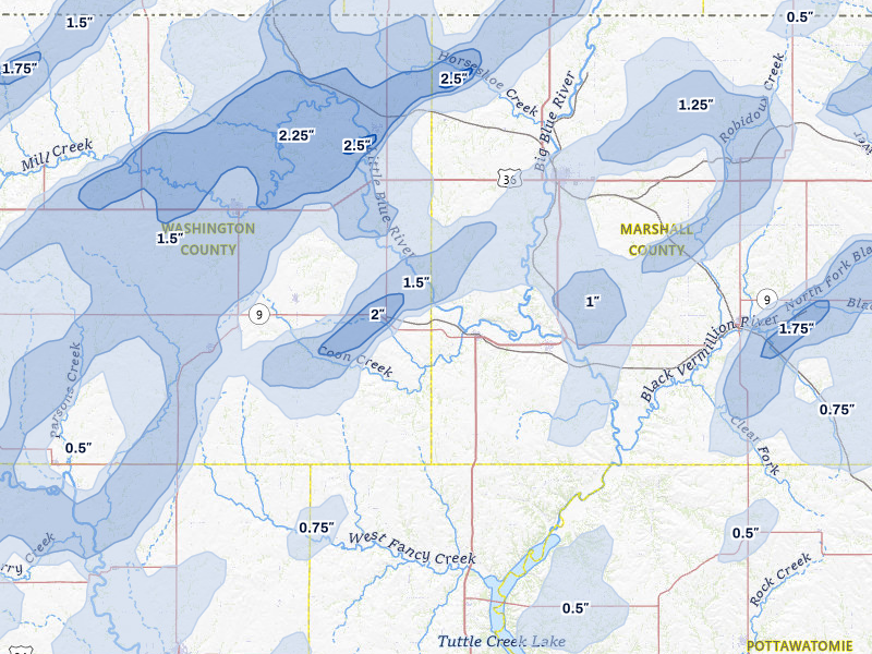 NEXRAD radar-signature map of the hail storm over Waterville, KS on May 17, 2026