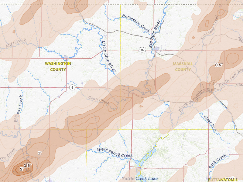 Radar-estimated hail-size map of the storm over Waterville, KS on May 18, 2026