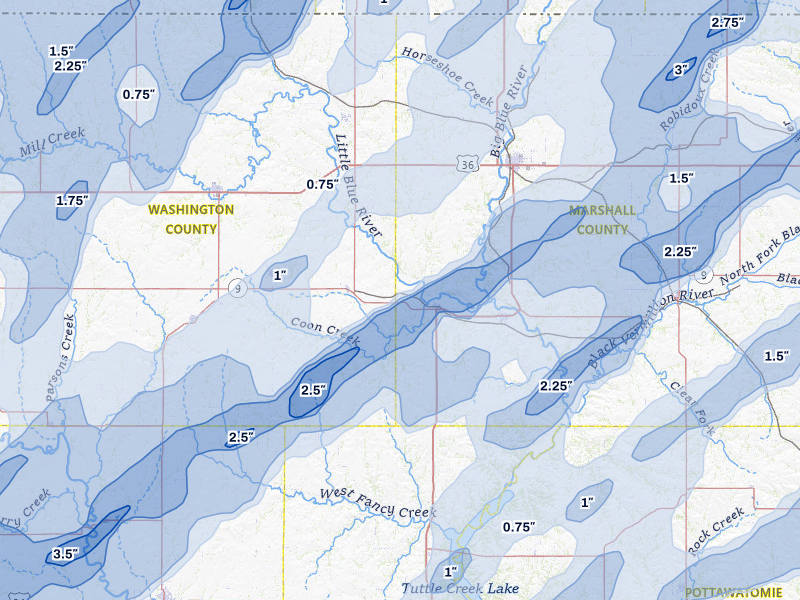 NEXRAD radar-signature map of the hail storm over Waterville, KS on May 18, 2026