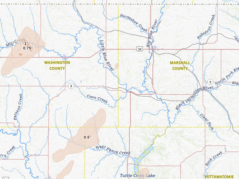 Radar-estimated hail-size map of the storm over Waterville, KS on Jun 4, 2026